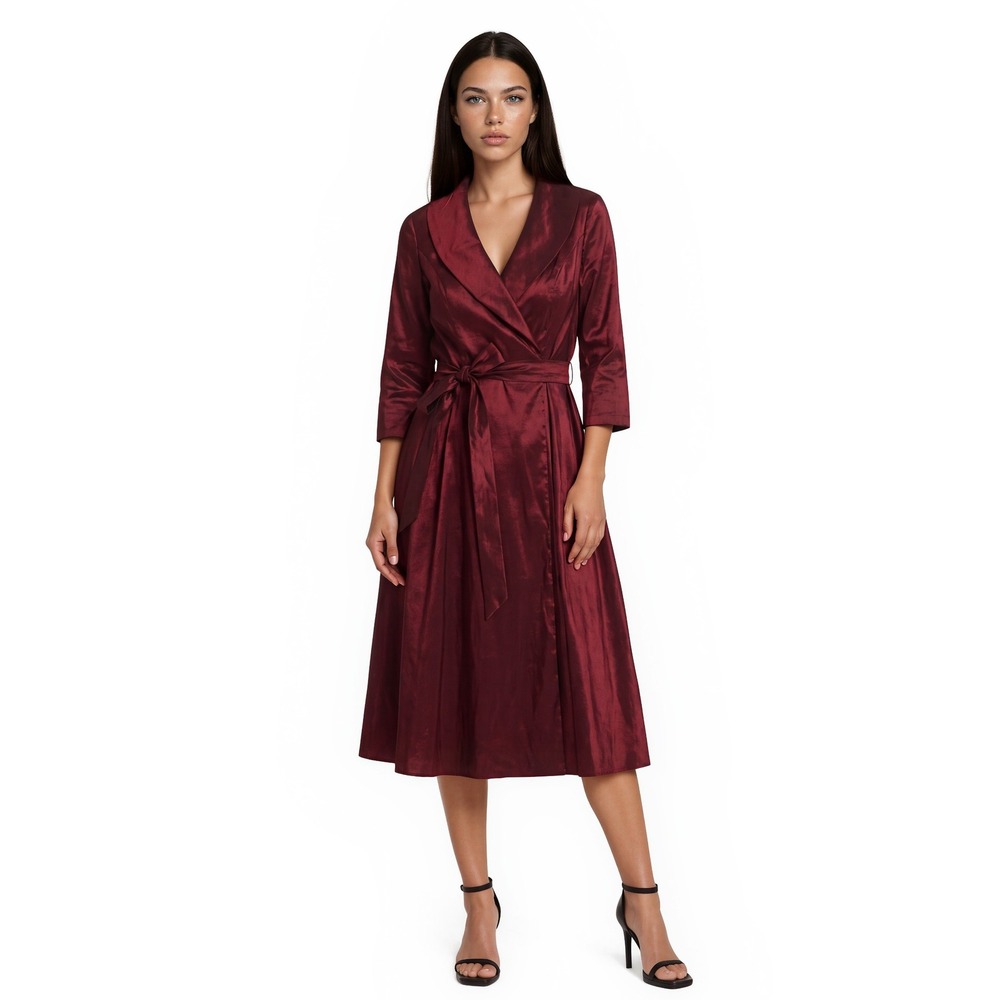 Alex Evenings Dress Women's Size 10P Petite Burgundy Red Metallic Shawl Collar